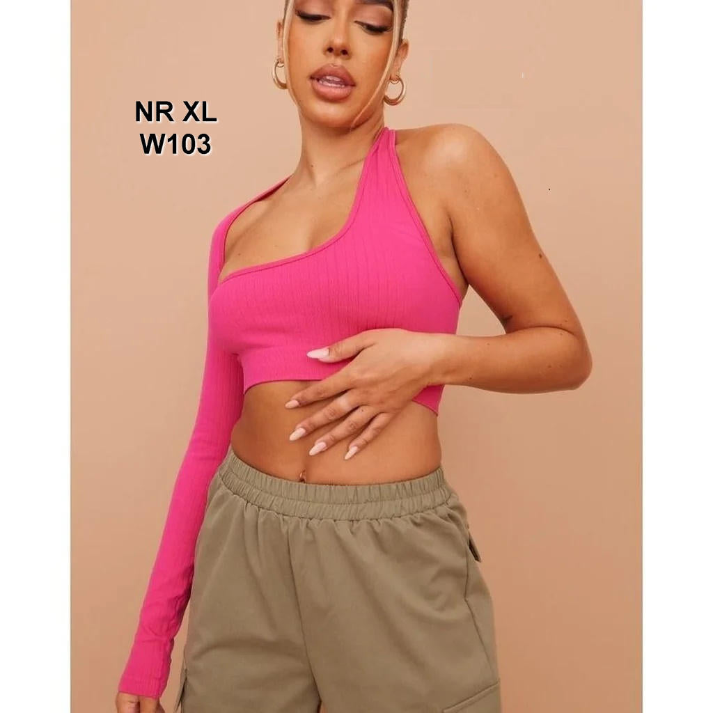 Hot Pink Wide Contour Rib Asymmetric Crop Top