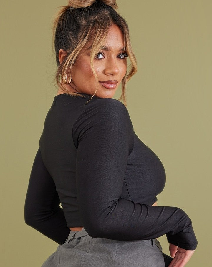 Shape Black Slinky Long Sleeve Square Neck Crop Top