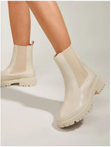 Beige Pu Classic Elastic Sides Ankle Chelsea Boots