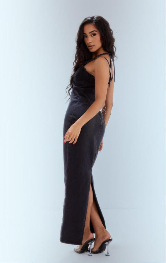 Shop Petite Washed Black Denim Strappy Cup Detail Maxi dress