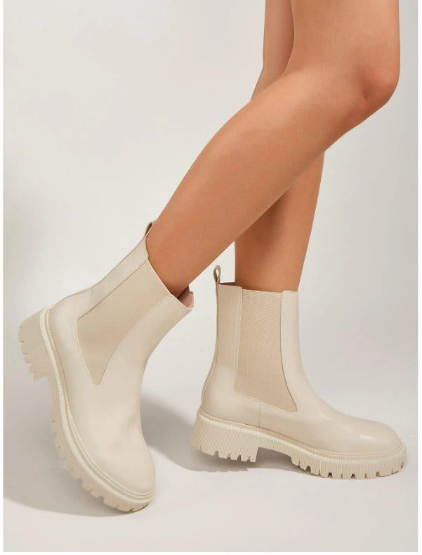 Beige Pu Classic Elastic Sides Ankle Chelsea Boots