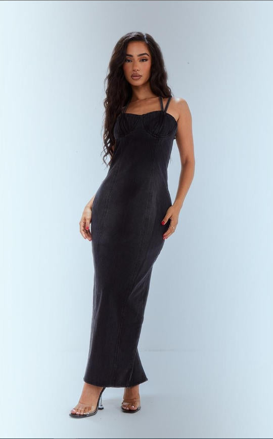 Shop Petite Washed Black Denim Strappy Cup Detail Maxi dress