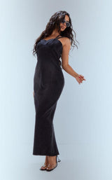 Shop Petite Washed Black Denim Strappy Cup Detail Maxi dress
