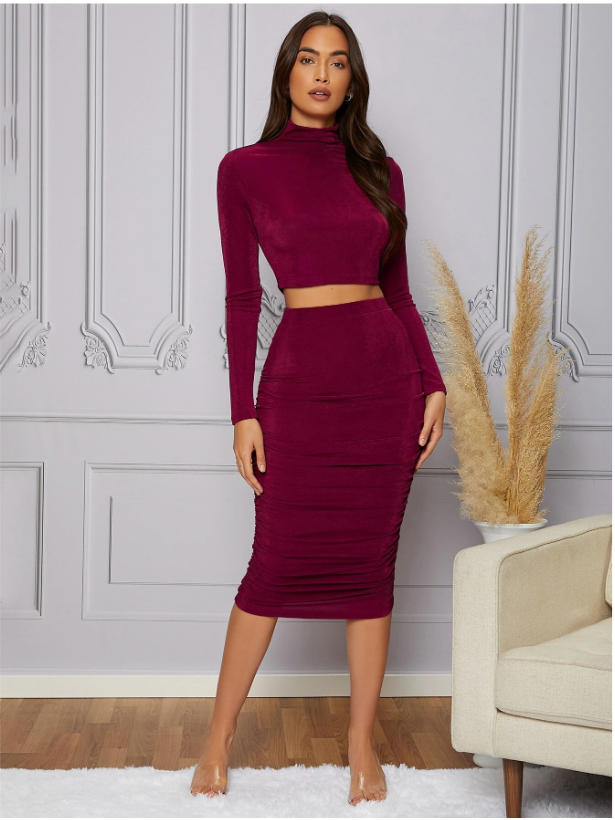SHEIN Modely Mock Neck Crop Top & Ruched Pencil Skirt