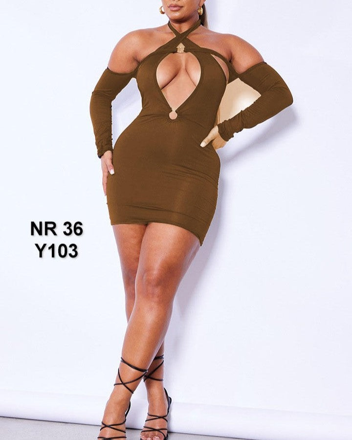 Fustan Bodycon me prerje çelësi në shpatulla, ngjyrë çokollatë