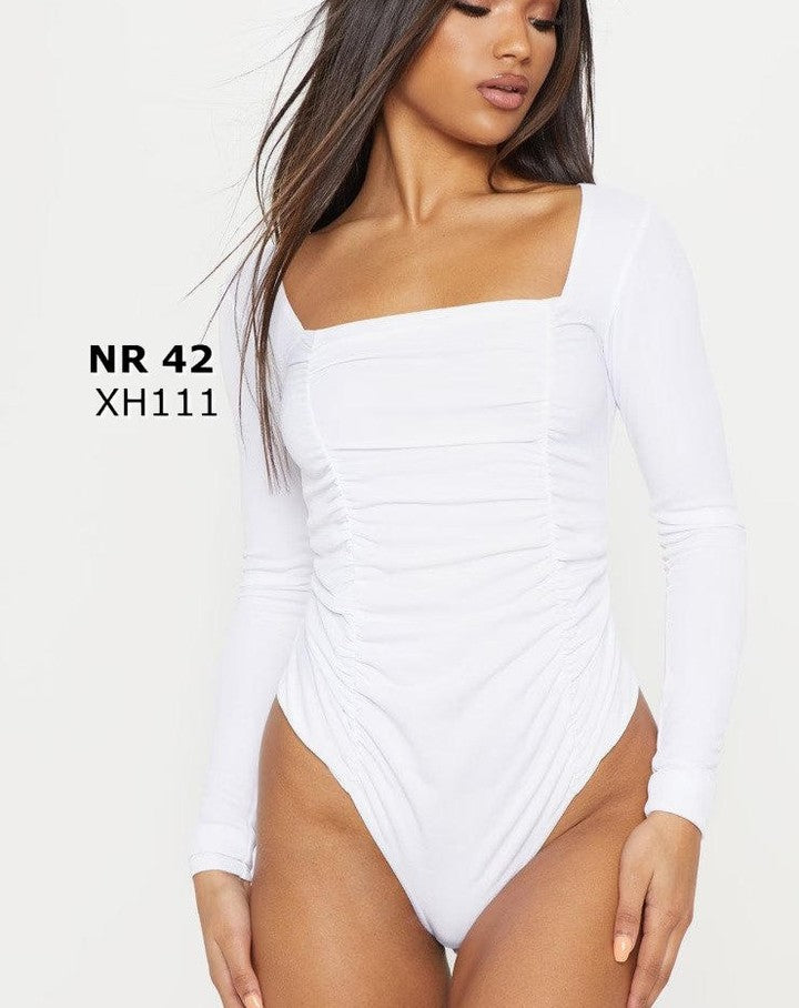 White Ruched Long Sleeve Bodysuit