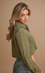 Khaki Cargo Distressed Crop Shirt