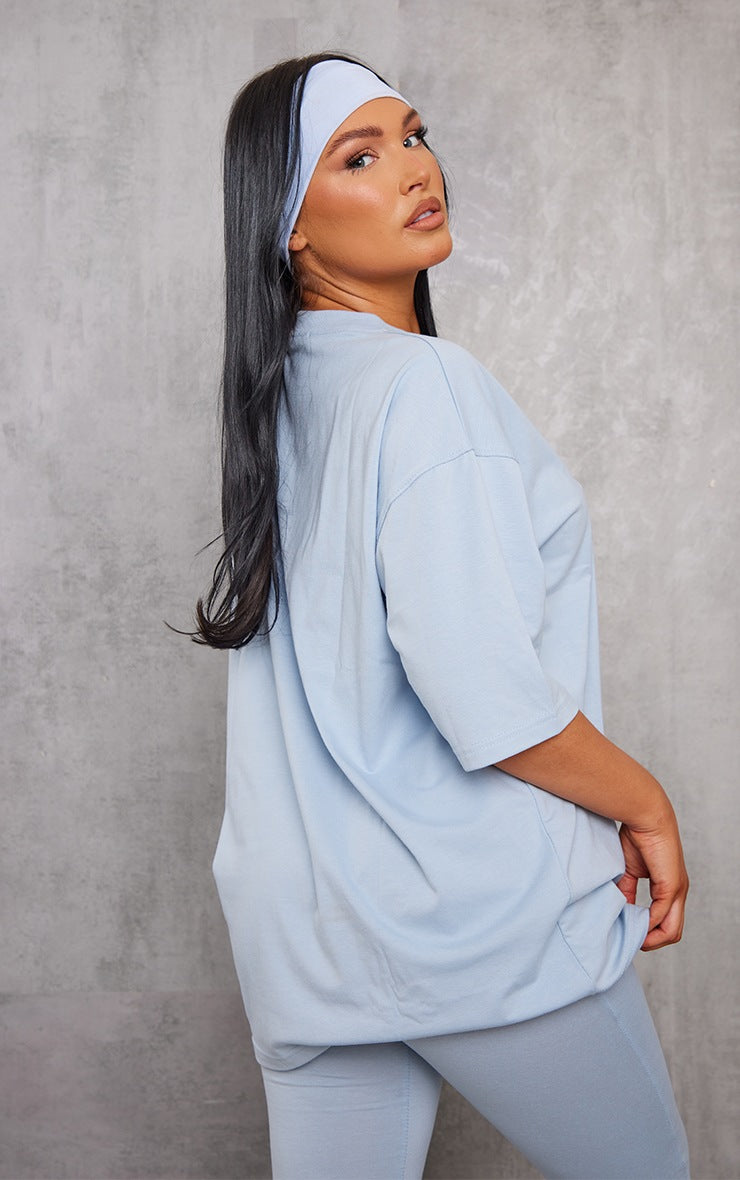 PRETTYLITTLETHING Pale Blue Print Oversized T-Shirt