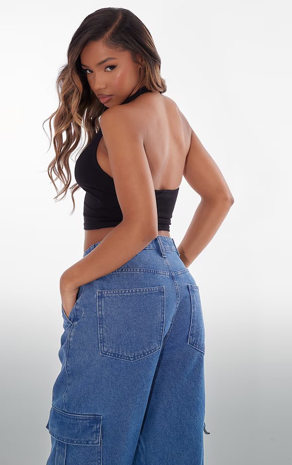 Black Basic Cotton Blend Halterneck Crop Top
