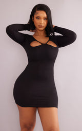 Shape Black Rib Long Sleeve Cut Out Bodycon Dress