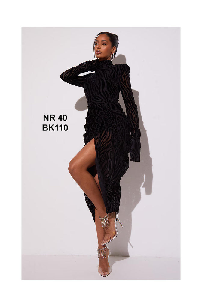 Black Zebra Print Devore High Neck Draped Midi Dress
