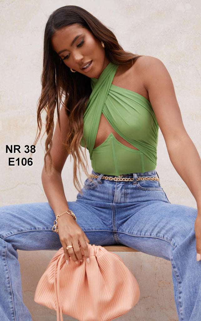 Olive Chiffon Halterneck Underbust Corset Detail Bodysuit