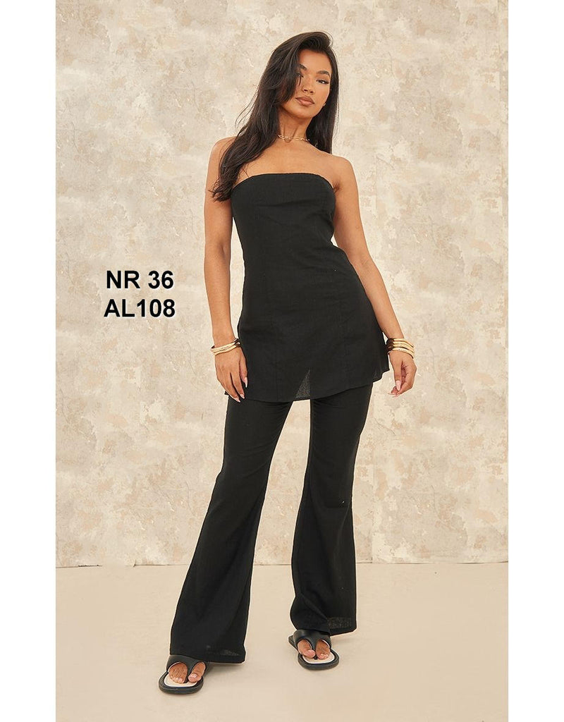 Black Linen Look Split Hem Longline Bandeau Top