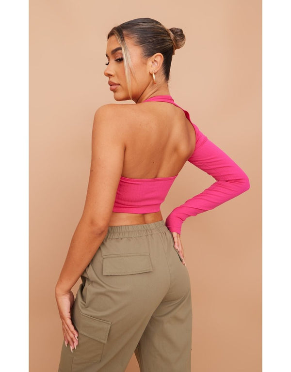 Hot Pink Wide Contour Rib Asymmetric Crop Top
