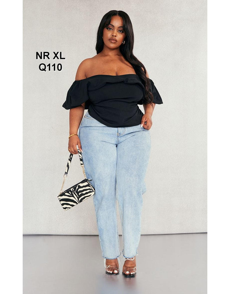 Plus Black Ruffle Bardot Top