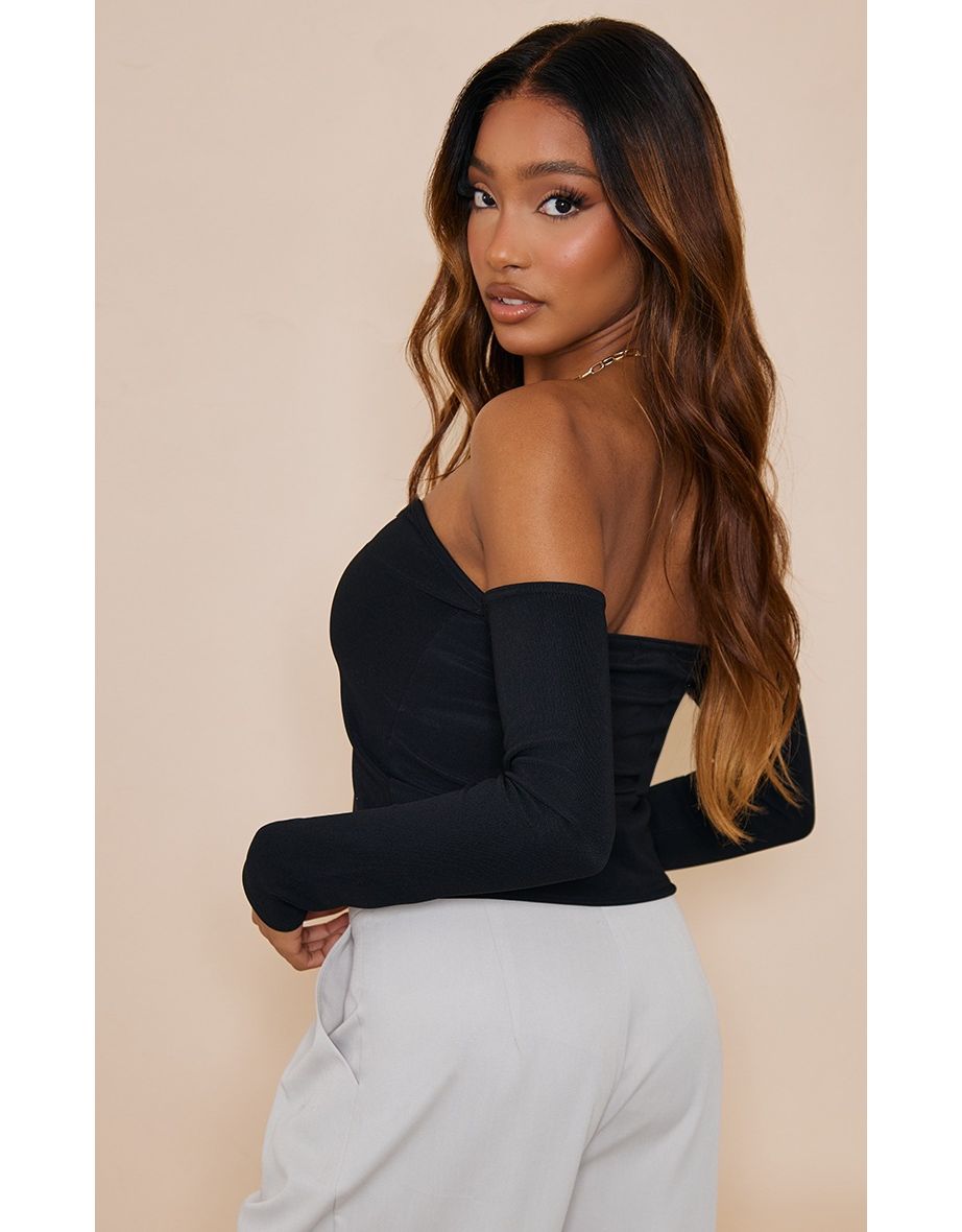 Black Stretch Woven Bardot Top