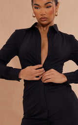 Black Asymmetric Button Down Ruched Shirt Dress