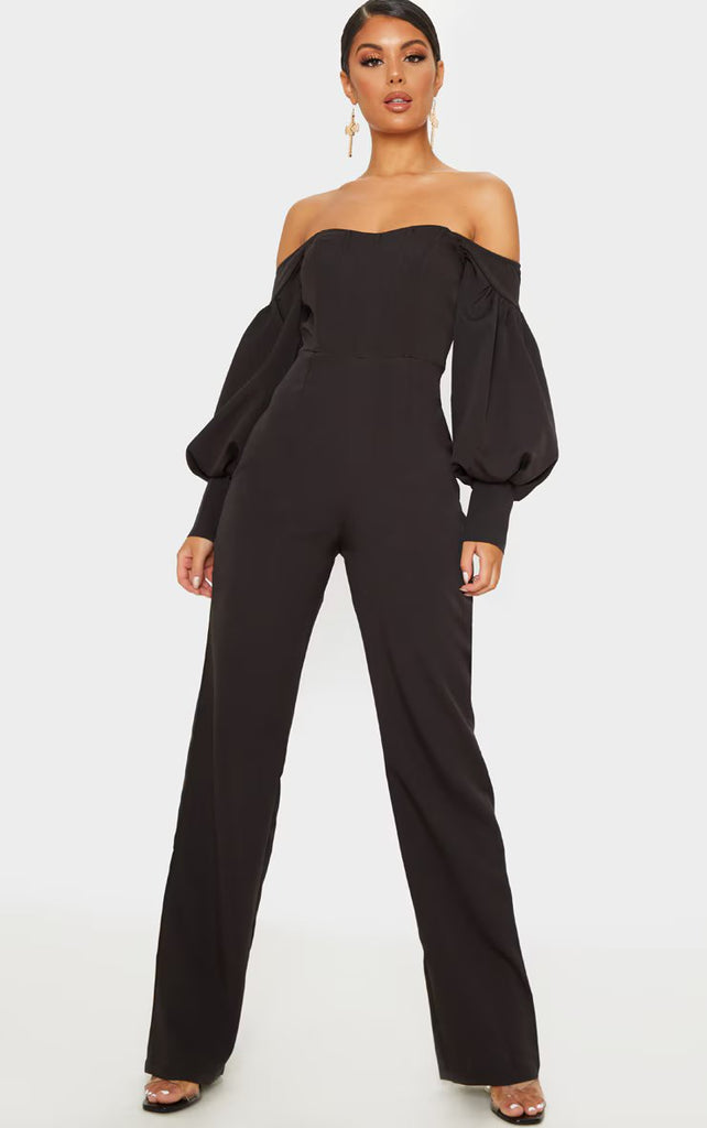 Black Bardot Balloon Sleeve Corset Jumpsuit