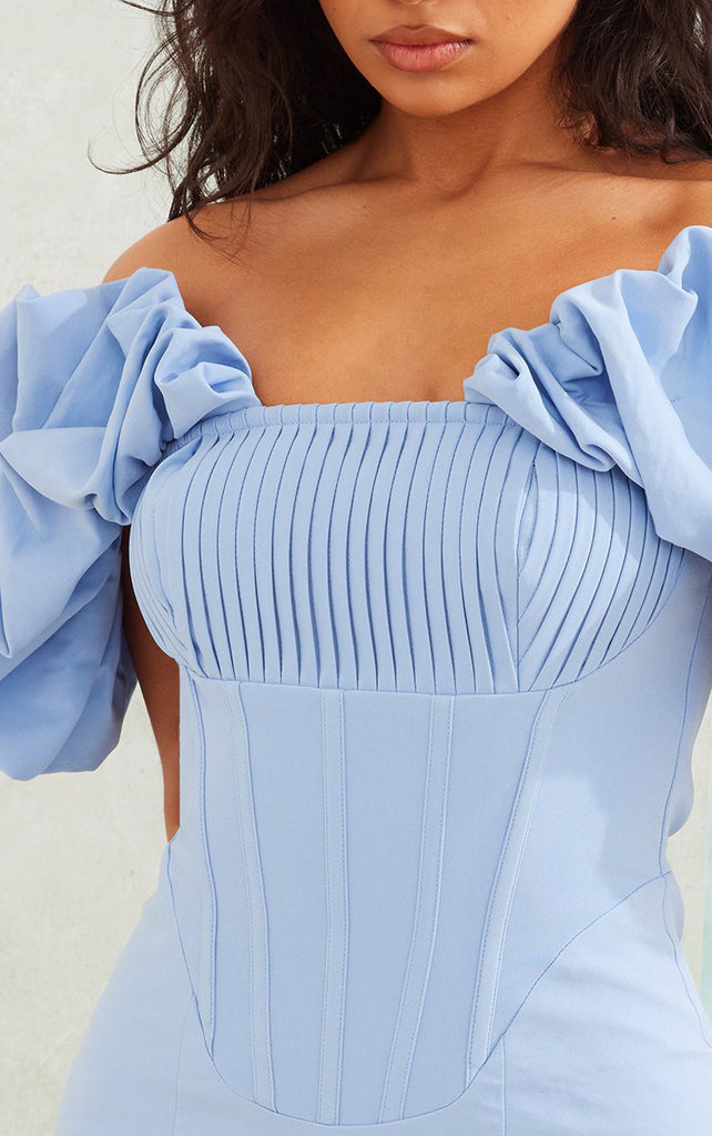 Light Blue Pleated Corset Detail Puff Sleeve Bodycon Dress