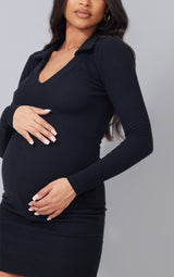 Maternity crna mini haljina sa dubokim dekolteom i rolkom