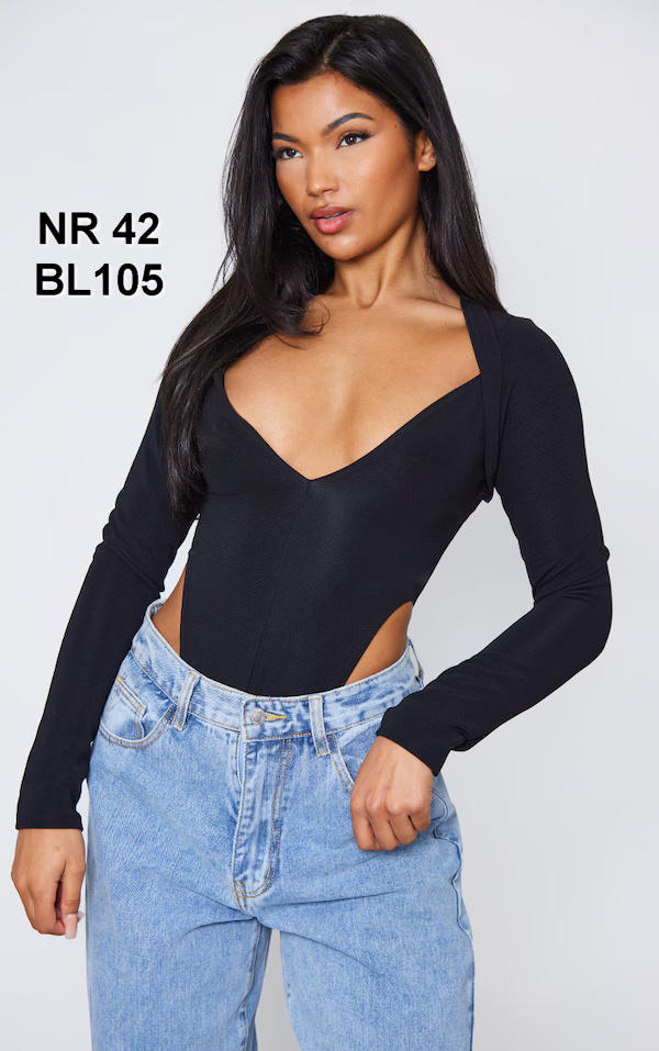 Black Stretch Woven High Rise Plunge Long Sleeve Bodysuit