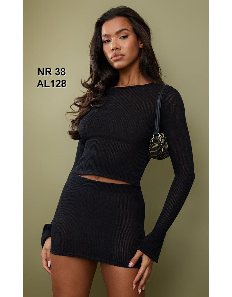 Black Sheer Soft Rib Longline Flared Sleeve Top