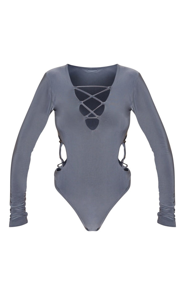 Charcoal Slinky Multi Lace Up Bodysuit