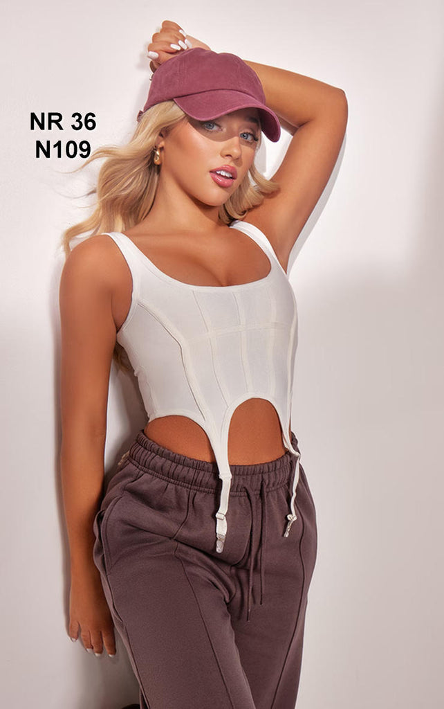 Cream Bandage Stirrup Hem Structured Crop Top