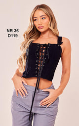 Black Woven Structured Lace Up Corset Crop Top