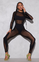 Black Mesh Panelled Long Sleeve Jumpsuit