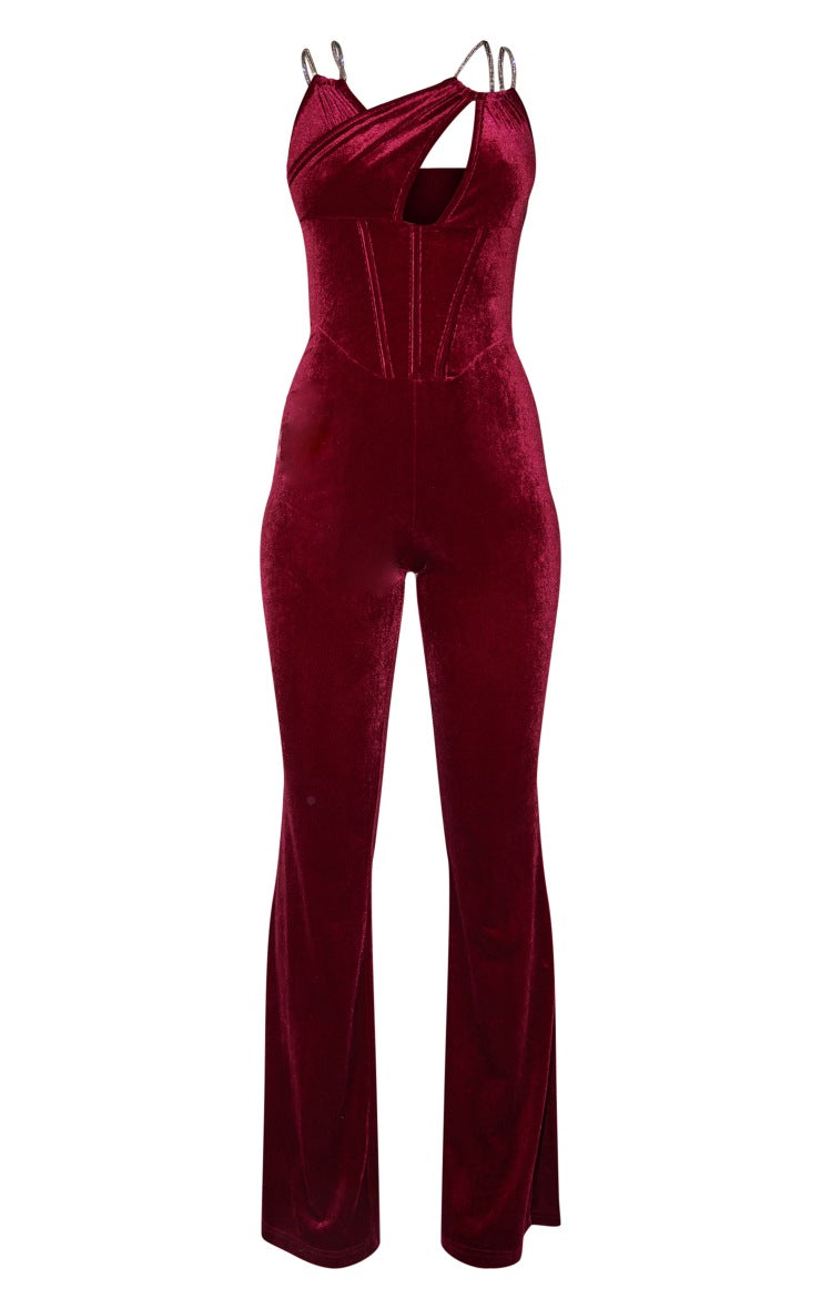 Tutë kadifeje me korse asimetrike me rripa me diamante ngjyrë burgundy