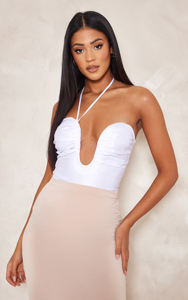 Tall White Halterneck Plunge Satin Bodysuit