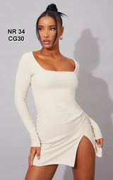 Fustan Bodycon me Jakë Katrore me Mëngë të Gjata, me Rripa dhe të Çarë në Fund, ngjyrë Pana