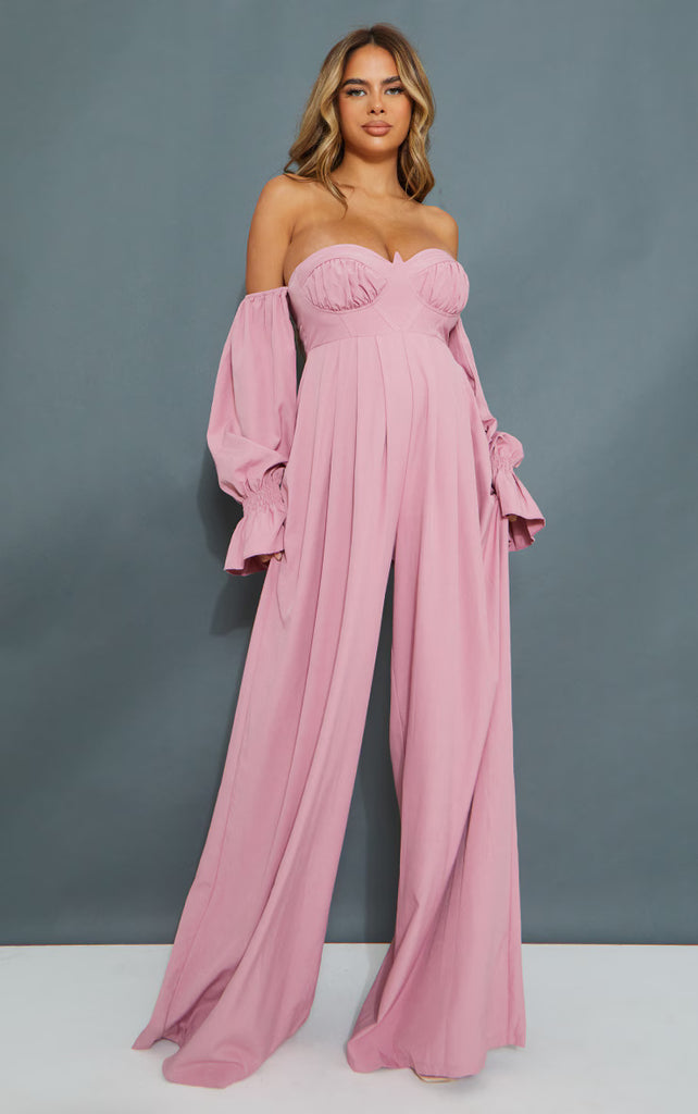Pink Corset Detail Bardot Wide Leg Jumpsuit