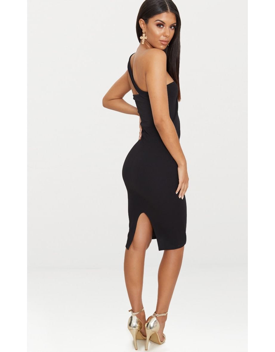 Black Asymmetric Strap Midi Dress