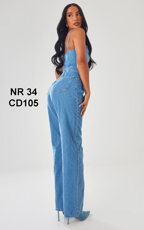 Jumpsuit xhins me rripa të mesëm blu me detaje të pasme 