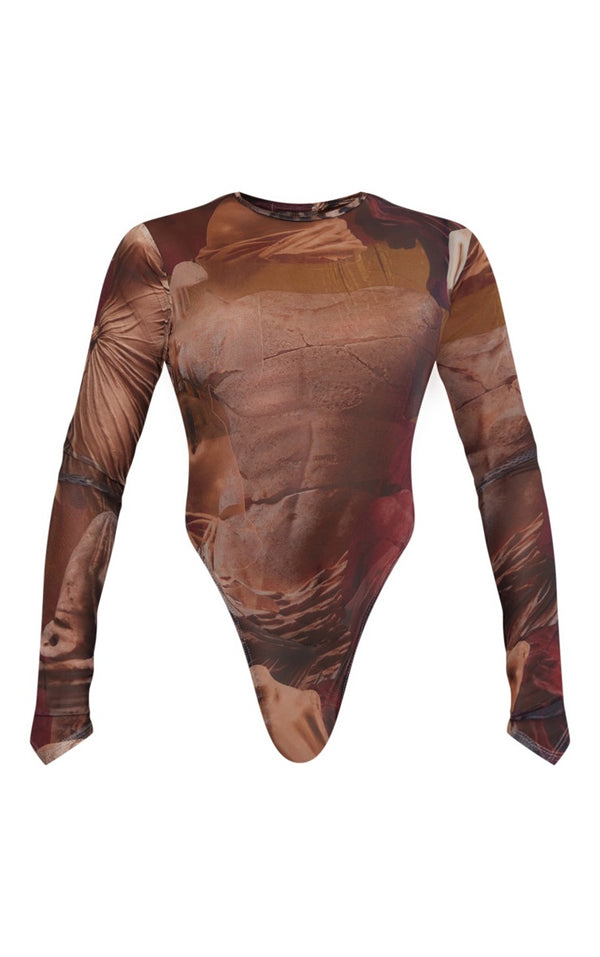 Multicolored abstract print mesh high-cut bodysuit