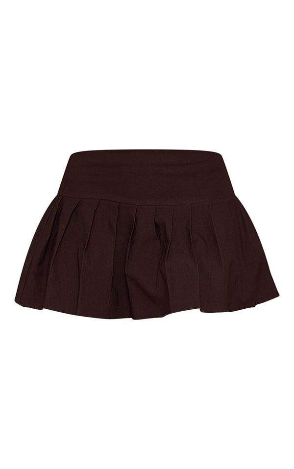 Brown Stretch Woven Low Rise Pleated Micro Mini Skirt