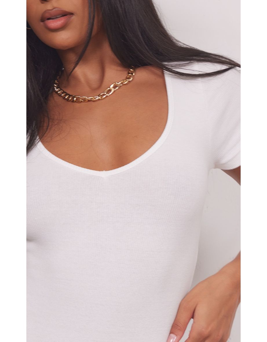 Basic White Rib V Neck Short Sleeve Bodysuit
