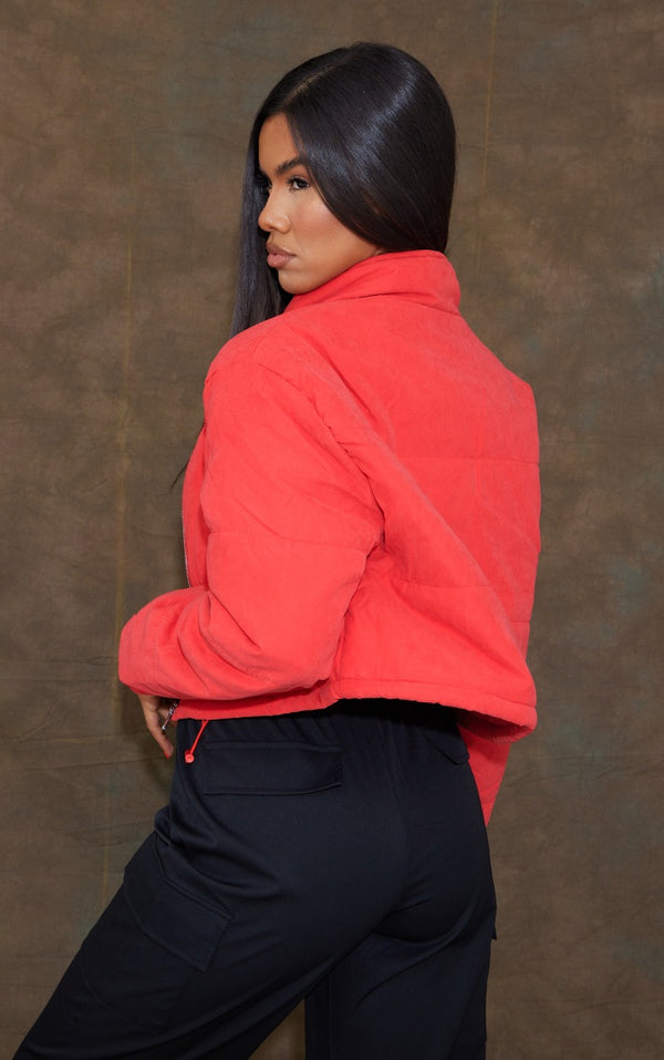 Red Super Cropped Peach Skin Puffer