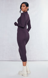 Chocolate Rib Lettuce Hem Long Sleeve Midaxi Dress