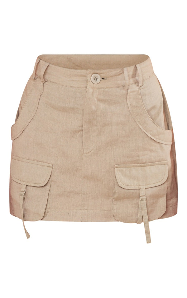 Moss Grey Linen Look Cargo Pocket Detail Micro Mini Skirt