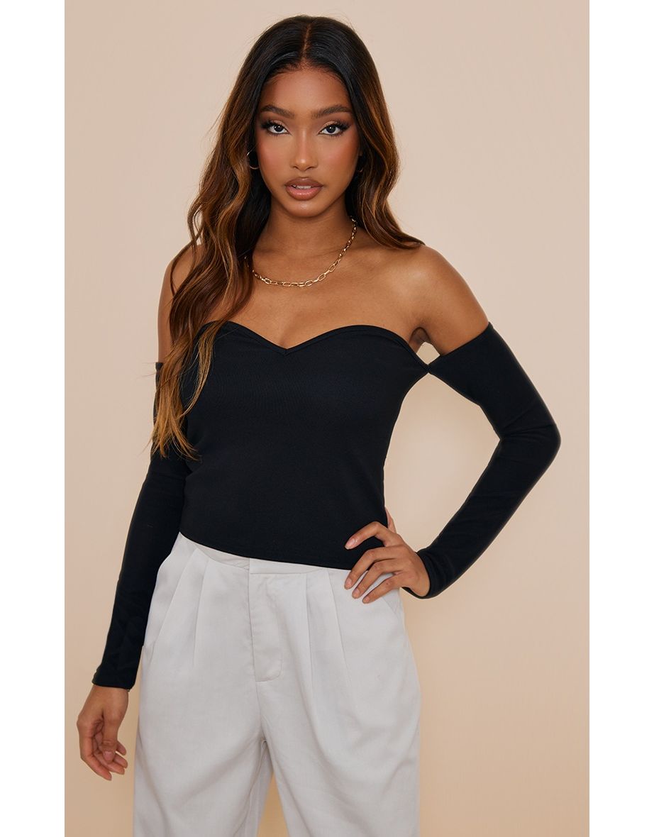 Crni rastegljivi tkani bardot top