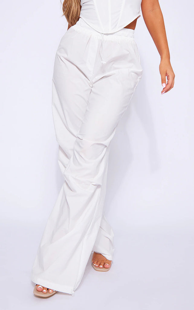 White Shell Toggle Drawstring Ruched Cargo Trousers