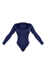 Bodysuit me mëngë të gjata dhe jakë katrore, ngjyrë blu e errët, i përshtatshëm pas trupit