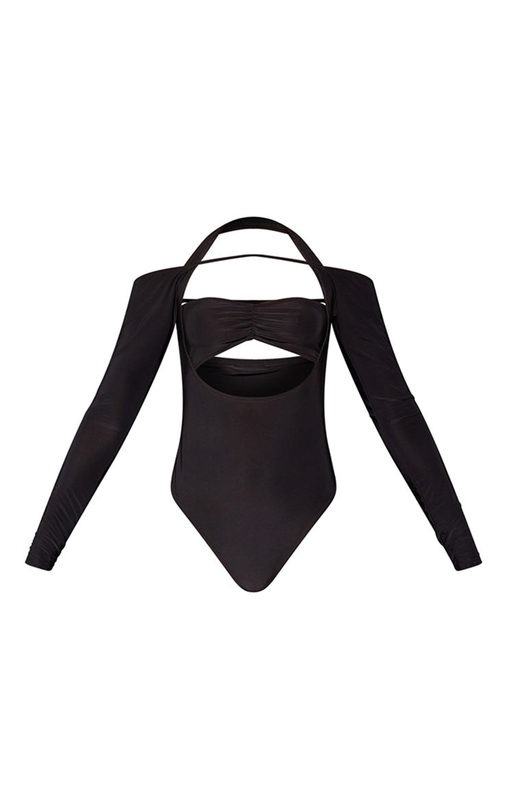 Black Slinky Extreme Strappy Cut Out Long Sleeve Bodysuit