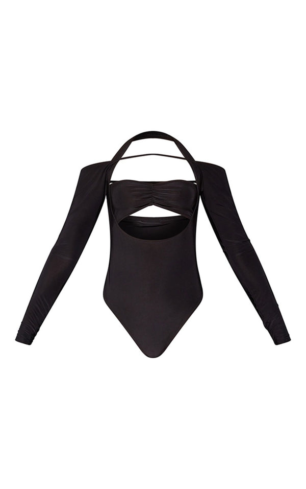 Black Slinky Extreme Strappy Cut Out Long Sleeve Bodysuit