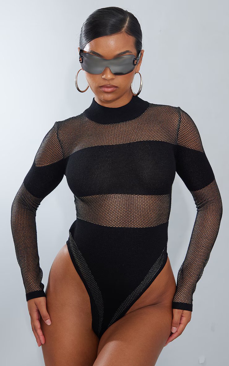 Black Sheer Knit Contrast Panel Bodysuit