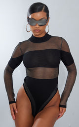 Black Sheer Knit Contrast Panel Bodysuit