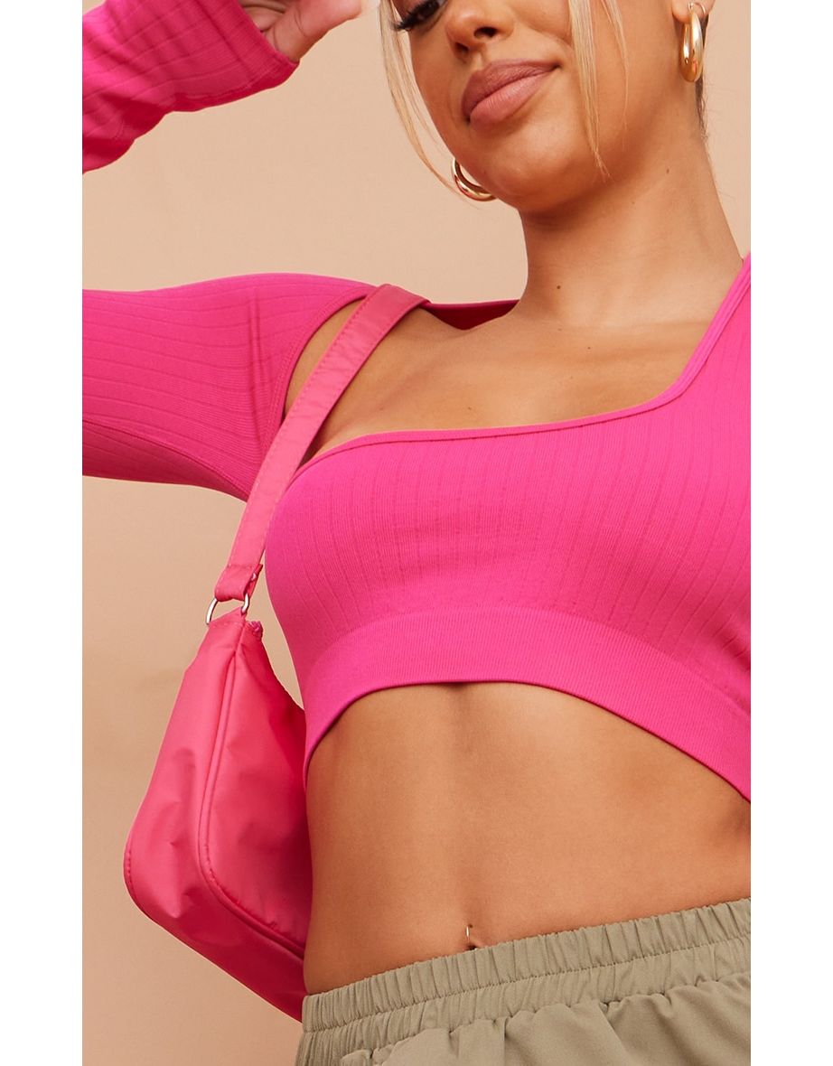 Hot Pink Wide Contour Rib Asymmetric Crop Top